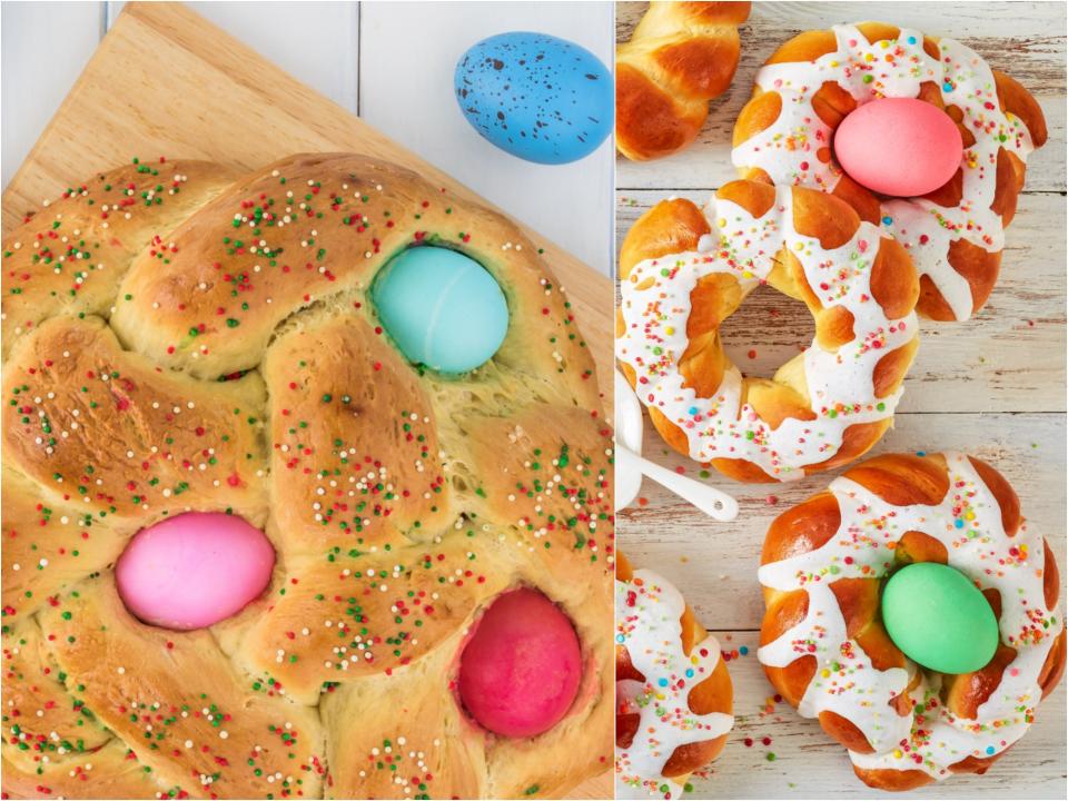 Side by side of a thick wide braided loaf with three eggs in it and sprinkles next to individual buns with separate eggs with icing and sprinkles.