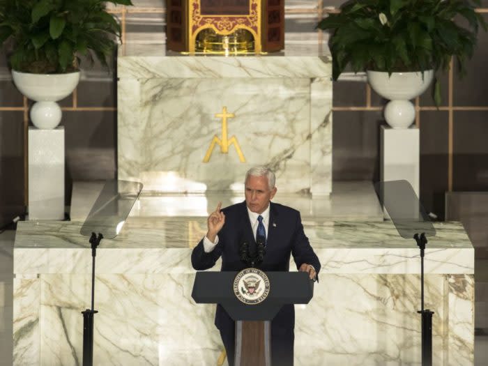 MIAMI BEACH, USA - AUGUST 23: Vice President of the United States, Mike Pence addresses to members of the Venezuelan exile community at Our Lady of Guadalupe Church in Miami Beach, USA on August 23, 2017. (Photo by Raul E. Diego/Anadolu Agency/Getty Images)