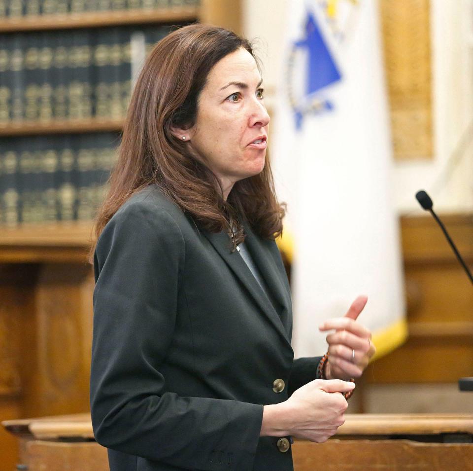 Assistant District Attorney Carolyn Hely speaks on the first day of the trial of Alyssa Dellamano, of Quincy, who is accused of killing Cameron Nohmy, 24, of Milton, in Quincy in 2020. Thursday, July 27, 2023.