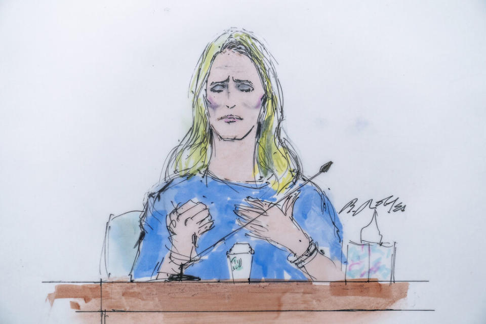 In this courtroom artist sketch, Jennifer Siebel Newsom, a documentary filmmaker and the wife of California Gov. Gavin Newsom, testifies at the trial of Harvey Weinstein in Los Angeles, Monday, Nov. 14, 2022.