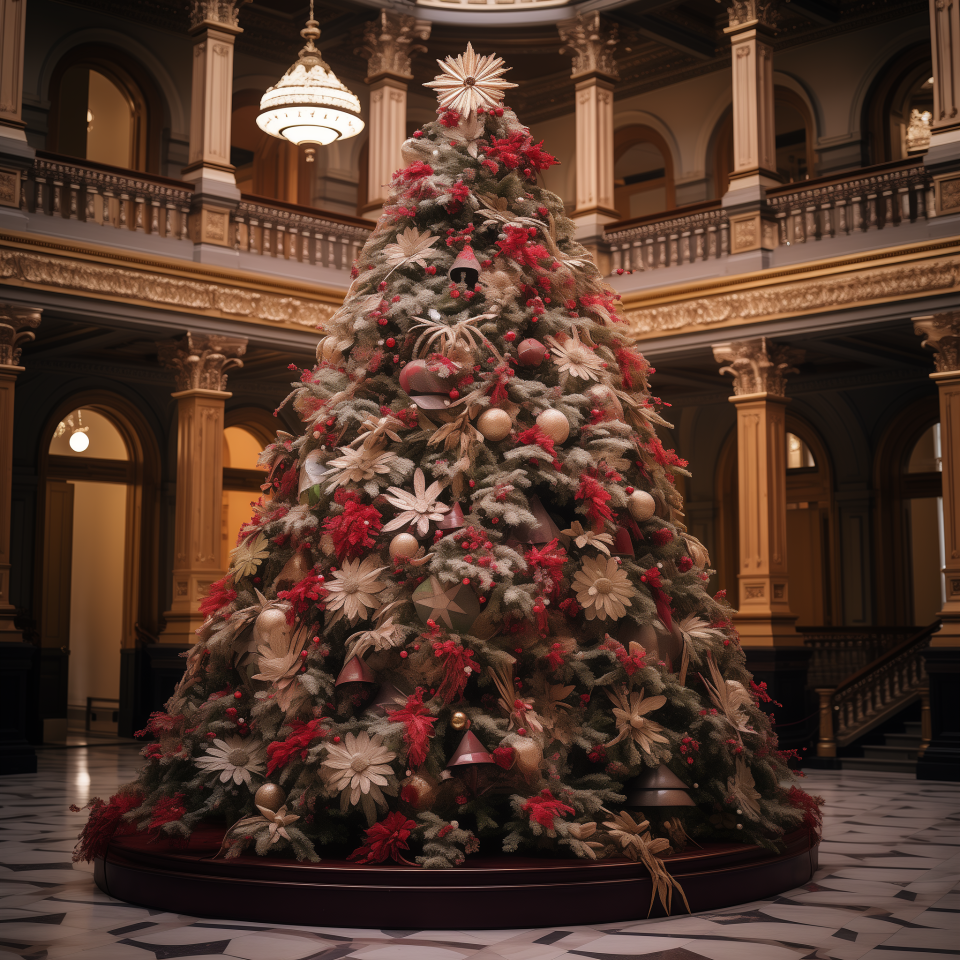 A tall, grand Christmas tree in the middle of a fancy building that's covered in floral decorations and bell ornaments with a star on top