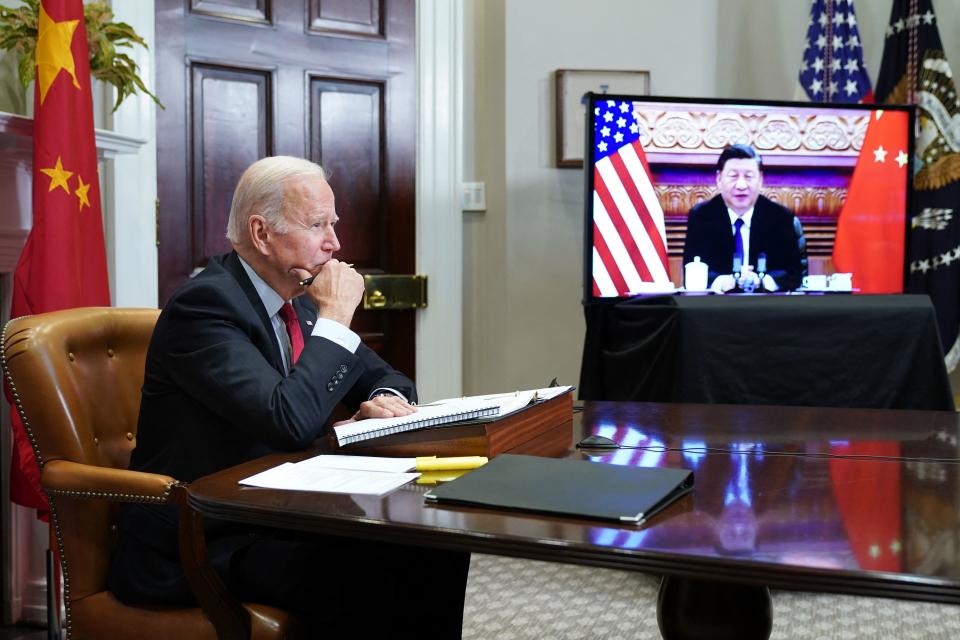 TOPSHOT - US President Joe Biden meets with China's President Xi Jinping during a virtual summit from the Roosevelt Room of the White House in Washington, DC, November 15, 2021. (Photo by MANDEL NGAN / AFP) (Photo by MANDEL NGAN/AFP via Getty Images)