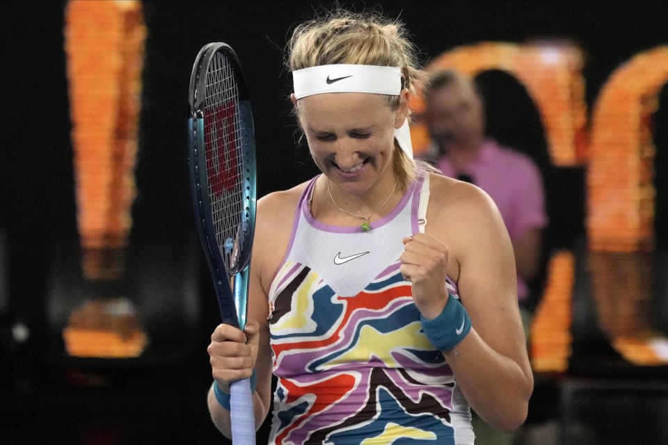 Victoria Azarenka of Belarus reacts after defeating Jessica Pegula of the U.S. in their quarterfinal match at the Australian Open tennis championship in Melbourne, Australia, Tuesday, Jan. 24, 2023. (AP Photo/Aaron Favila)