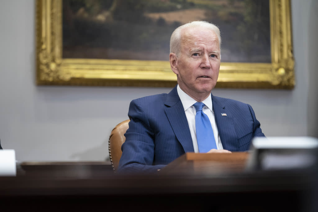 U.S. President Joe Biden speaks during a meeting in the Roosevelt Room of the White House in Washington, D.C. on Monday, July 12, 2021.