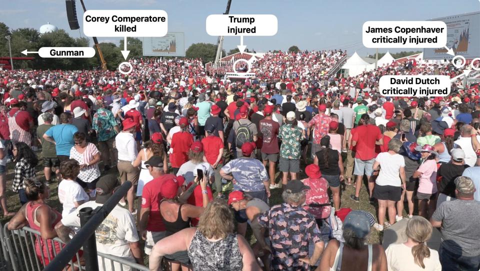 This image shows the location of the people hit by gunfire at the Trump rally in Butler, Pennsylvania, on July 13, 2024. / Credit: RSBN/CBS News