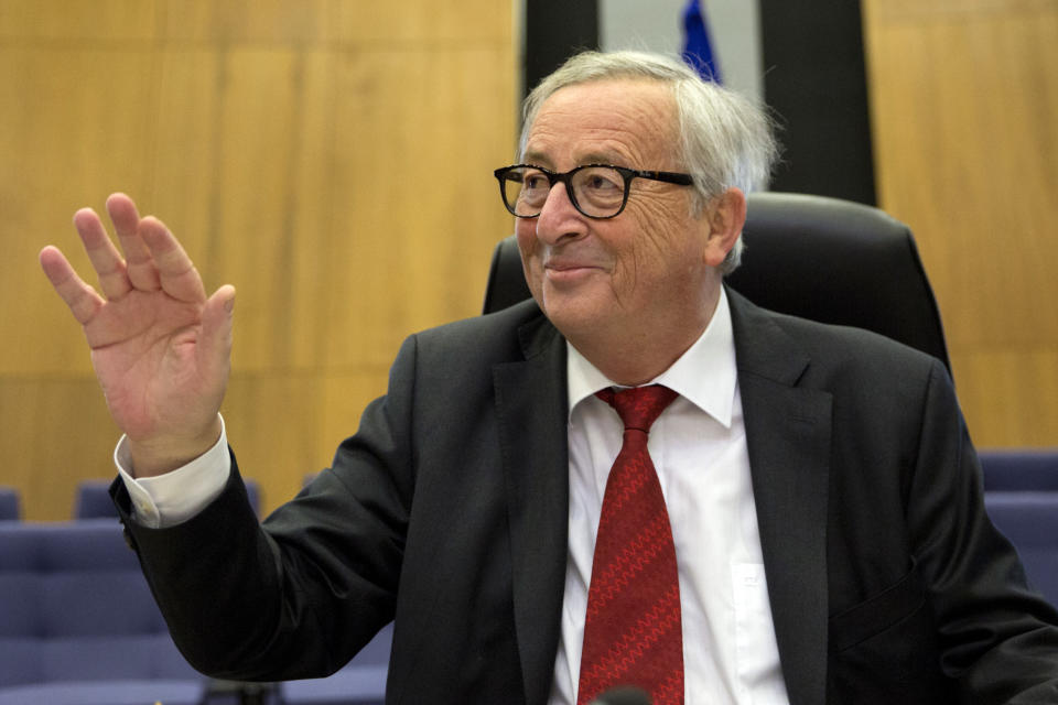 European Commission President Jean-Claude Juncker waits for the start of the weekly College of Commissioners meeting at EU headquarters in Brussels, Wednesday, Jan. 9, 2019. (AP Photo/Virginia Mayo)