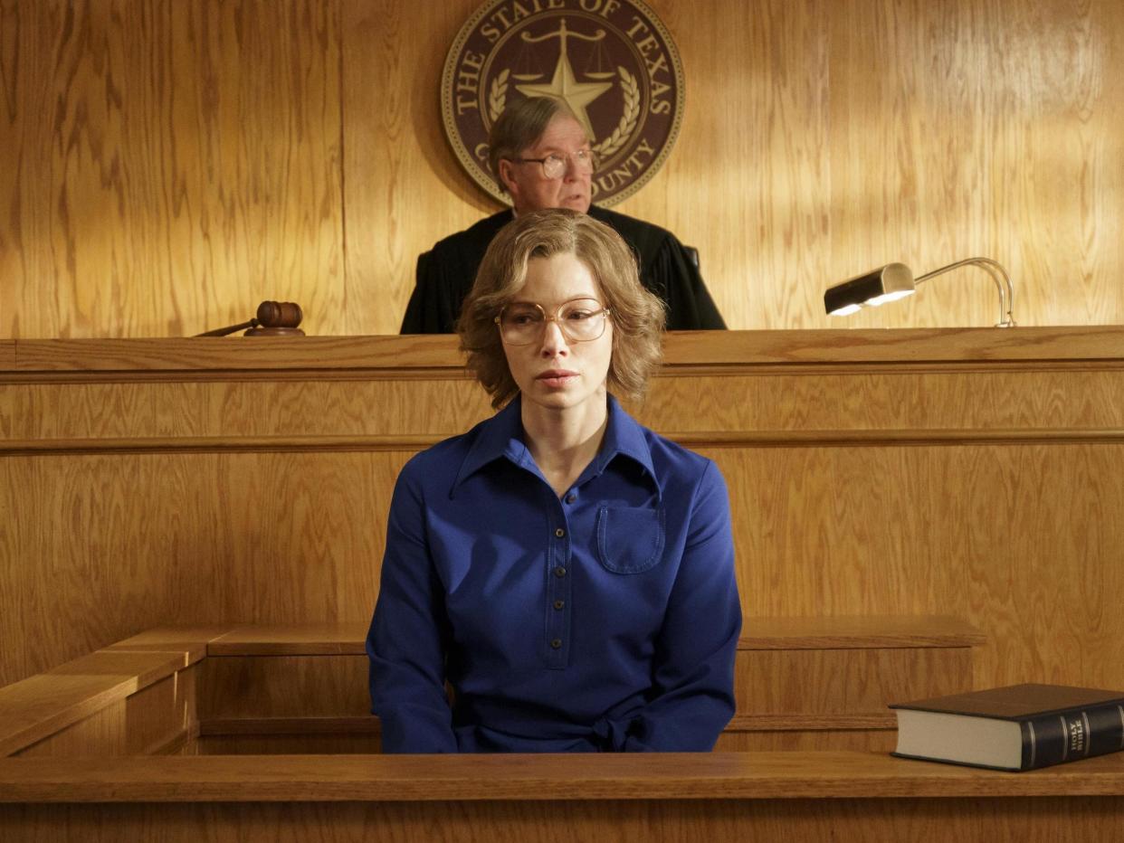 Candy (Jessica Biel) during her trial on the final episode of Hulu's "Candy."