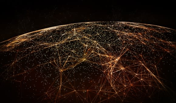 View of Earth from above with orange connected lines indicating wireless connectivity.