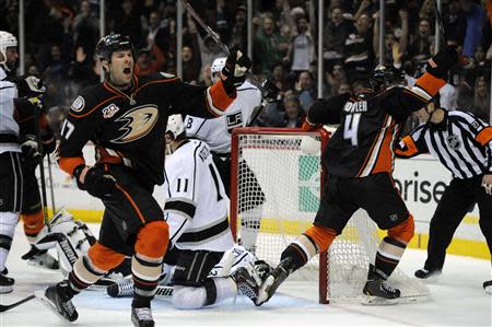 Jan 23, 2014; Anaheim, CA, USA; Anaheim Ducks left wing Dustin Penner (17) celebrates after scoring a goal against the Los Angeles Kings during the second period at Honda Center. Mandatory Credit: Kelvin Kuo-USA TODAY Sports