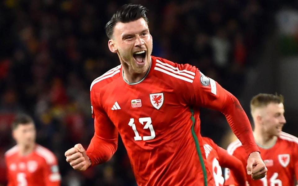 Kieffer Moore celebrates his first-half goal against Latvia - Kieffer Moore strikes to prove there is life after Gareth Bale - EPA/Peter Powell