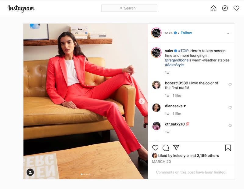 A model wears a $412.50 pink Rag & Bone blazer sold by department store operator Saks Fifth Avenue