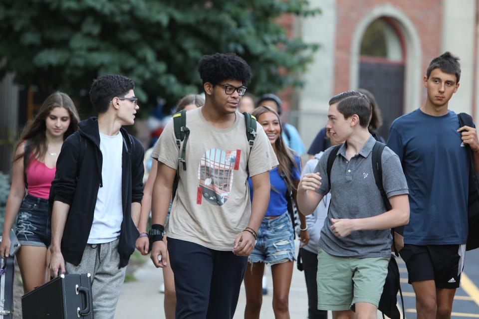 Students arrive for the first day of school at Eastchester High School Sept. 5, 2023. 