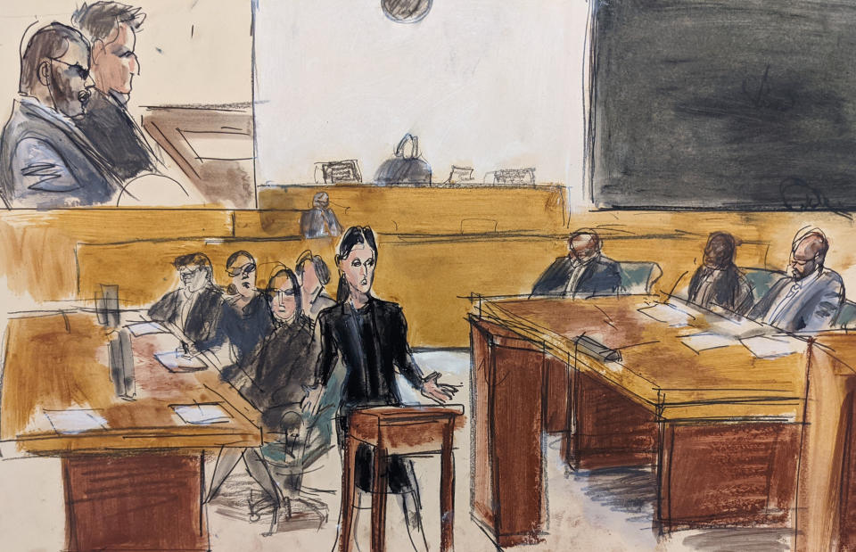 In this courtroom artist's sketch made from a video screen monitor of a Brooklyn courtroom, defendant R. Kelly, top left, listens as his defense attorney Nicole Blank Becker, center, makes her opening statement, Wednesday, Aug. 18, 2021 in New York. (AP Photo/Elizabeth Williams)