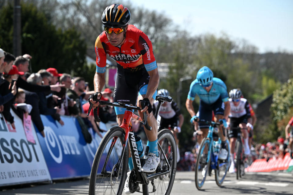 HUY BELGIUM  APRIL 19 Mikel Landa of Spain and Team Bahrain  Victorious competes during the 87th La Fleche Wallonne 2023 Mens Elite a 1943km one day race from Herve to Mur de Huy  UCIWT  on April 19 2023 in Huy Belgium Photo by David StockmanGetty Images