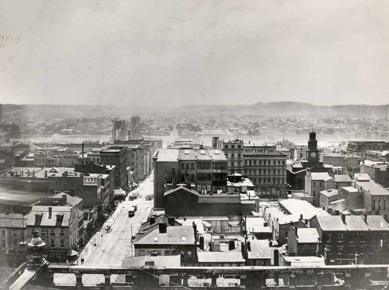 Cincinnati in 1866, as seen from Mozart Hall on the west wide of Vine Street north of Fifth Street, had just made it through the Civil War. The Queen City was about to enter its defining decades.