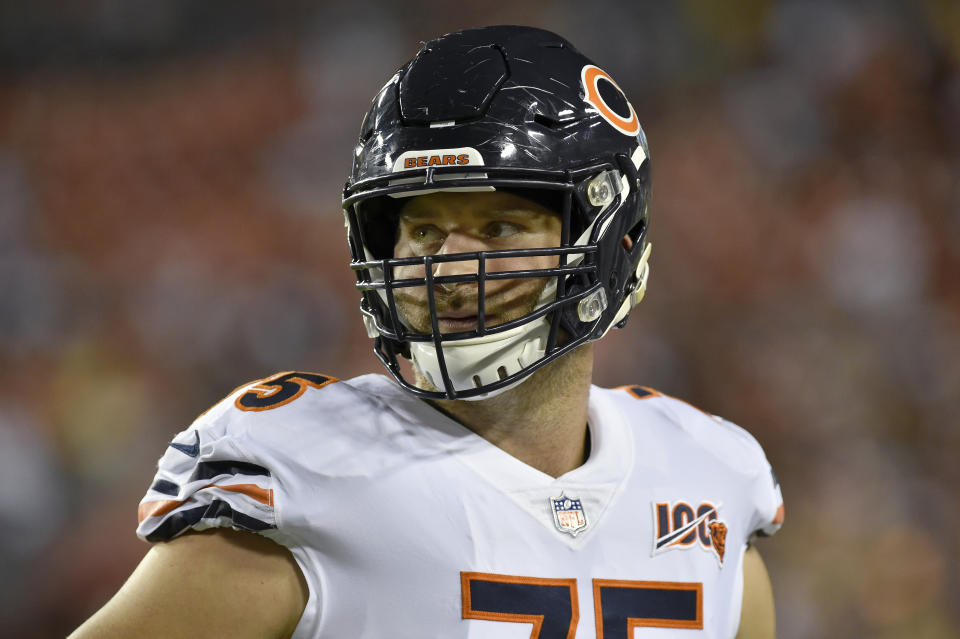 LANDOVER, MD - SEPTEMBER 23: Bears G Kyle Long (75) waits for the game to start during the Chicago Bears vs. Washington Redskins Monday Night Football game September 23, 2019 at FedEx Field in Landover, MD. (Photo by Randy Litzinger/Icon Sportswire via Getty Images)