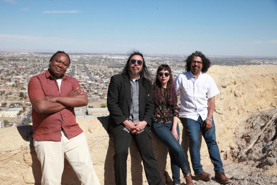 Pictured: Reginald D Hunter (L) in El Paso with cumbia group Frontera Bugalú (BBC Studios/David Maguire)