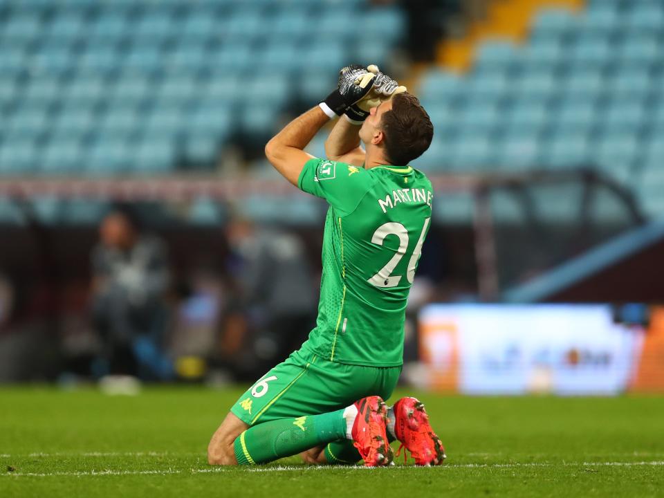 Martinez celebrates after saving a penalty on his Aston Villa debutGetty