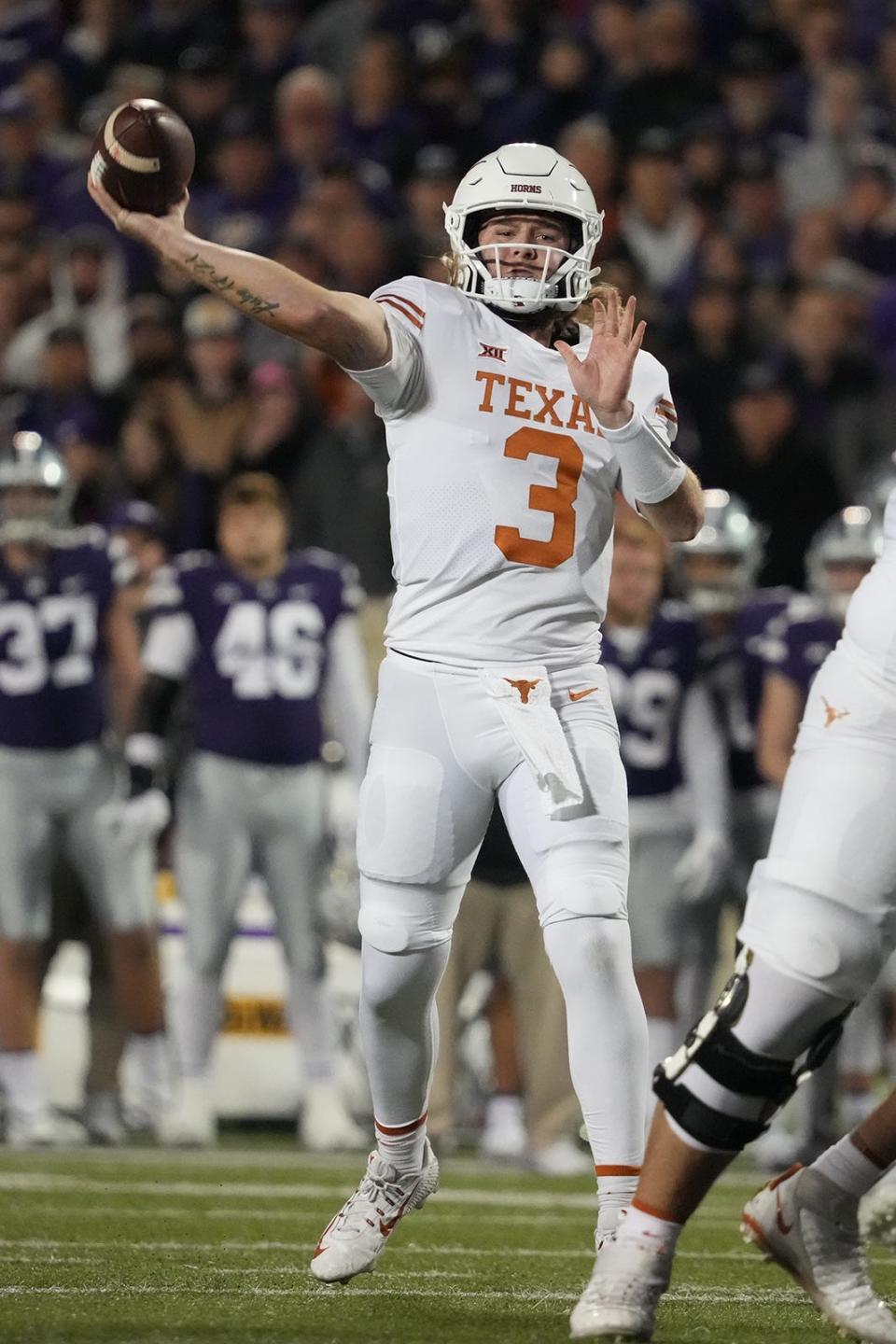 Texas quarterback Quinn Ewers completed 58% of his passes against Kansas State, going 18-for-31 for 197 yards and two touchdowns. The Longhorns' five drives of the second half ended with a fumble, three punts and a field goal.