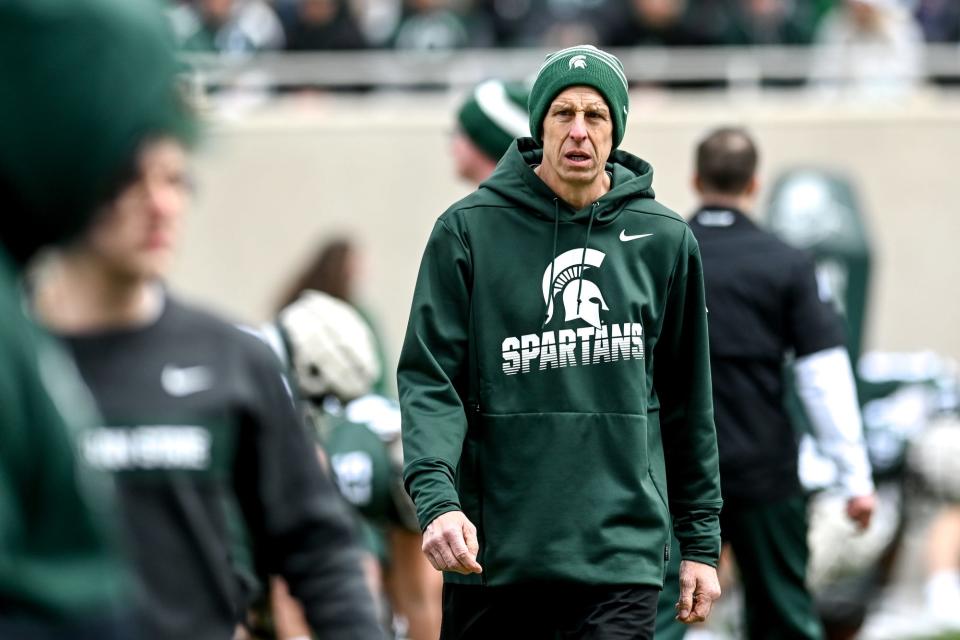 Michigan State's offensive coordinator Jay Johnson walks on the field on Saturday, April 16, 2022, during the spring game at Spartan Stadium in East Lansing.
