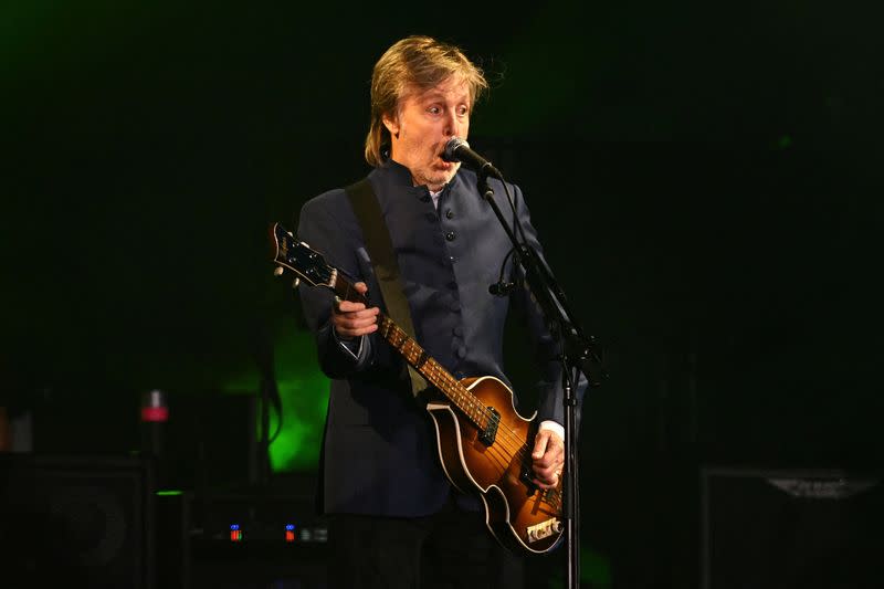 Paul McCartney performs on the Pyramid stage at Worthy Farm in Somerset during the Glastonbury Festival