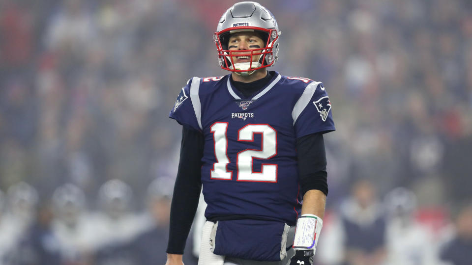 FOXBOROUGH, MASSACHUSETTS - JANUARY 04: Tom Brady #12 of the New England Patriots reacts during the the AFC Wild Card Playoff game against the Tennessee Titans at Gillette Stadium on January 04, 2020 in Foxborough, Massachusetts. (Photo by Maddie Meyer/Getty Images)