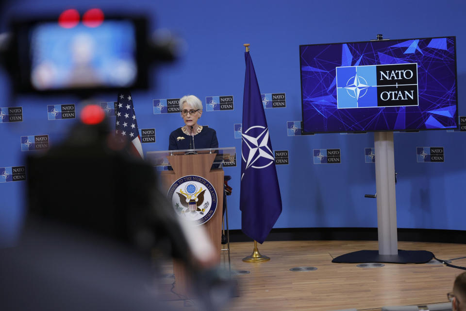 U.S. Deputy Secretary of State Wendy Sherman speaks during a media conference after a meeting of the NATO-Russia Council at NATO headquarters, in Brussels, Wednesday, Jan. 12, 2022. (AP Photo/Olivier Matthys)