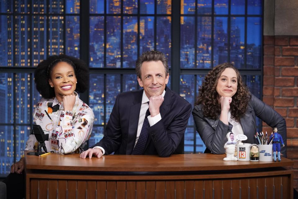 Amber Ruffin, Seth Meyers and Jenny Hagel of NBC's "Late Night with Seth Meyers" performing the segment "Jokes Seth Can't Tell."