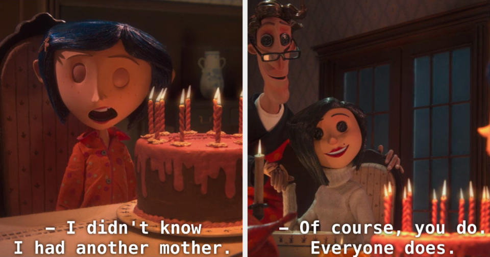Coraline saying, "I didn't know I had another mother," and Other Mother saying, "Of course you do; everyone does"