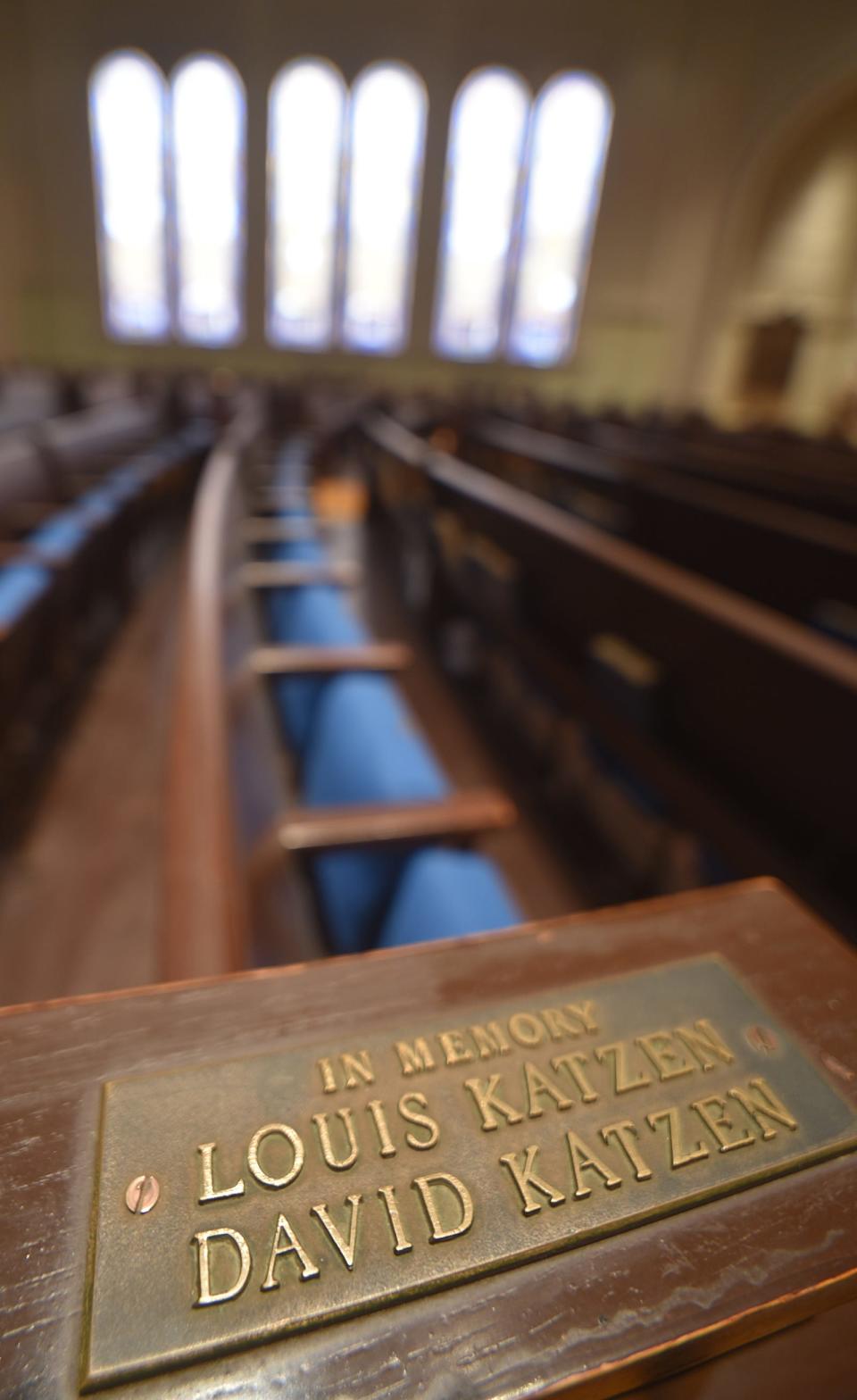 The pews at Temple Beth-El are dedicated to congregants, at 385 High St. in Fall River.