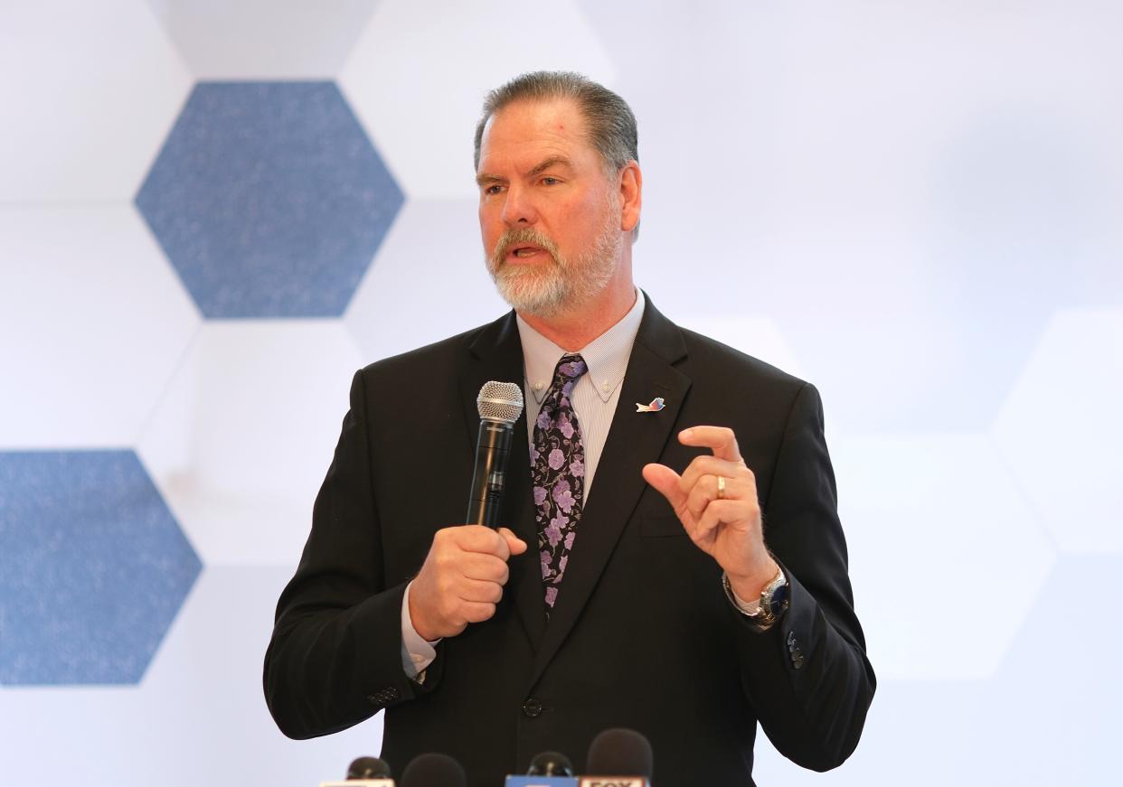 Oklahoma City Public Schools Superintendent Sean McDaniel, shown talking in August at the Clara Luper Center for Educational Services, resigned from his post on Monday.