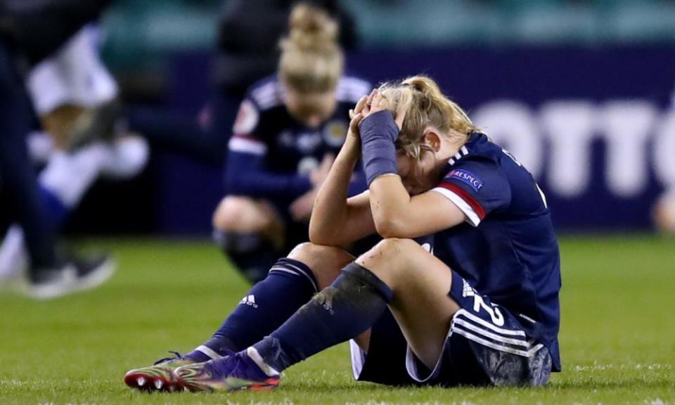 Erin Cuthbert reacts to Finland’s late winner at Easter Road.