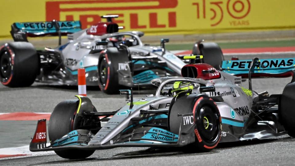Lewis Hamilton leads George Russell. Bahrain March 2022 Credit: PA Images