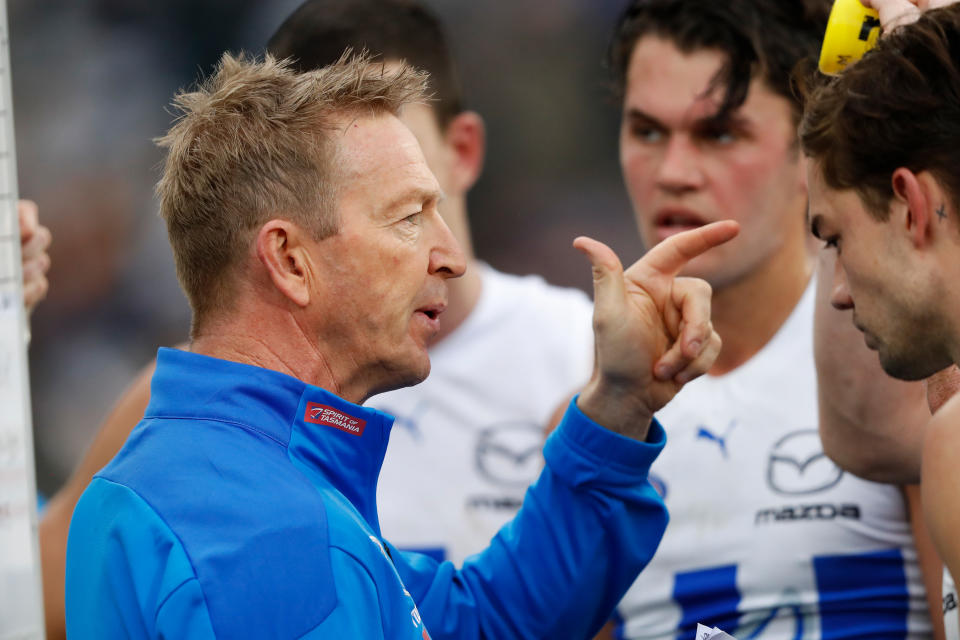 David Noble, pictured here speaking to the players during North Melbourne's loss to Collingwood.