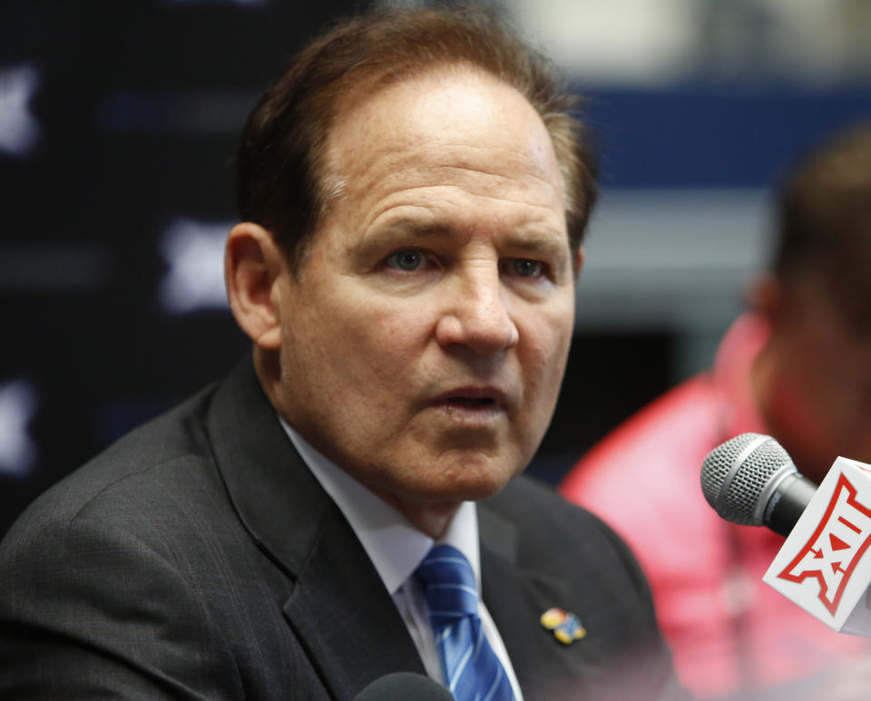 Kansas coach Les Miles speaks to the media on the first day of Big 12 NCAA college football media days Monday, July 15, 2019, at AT&T Stadium in Arlington, Texas. (AP Photo/David Kent)