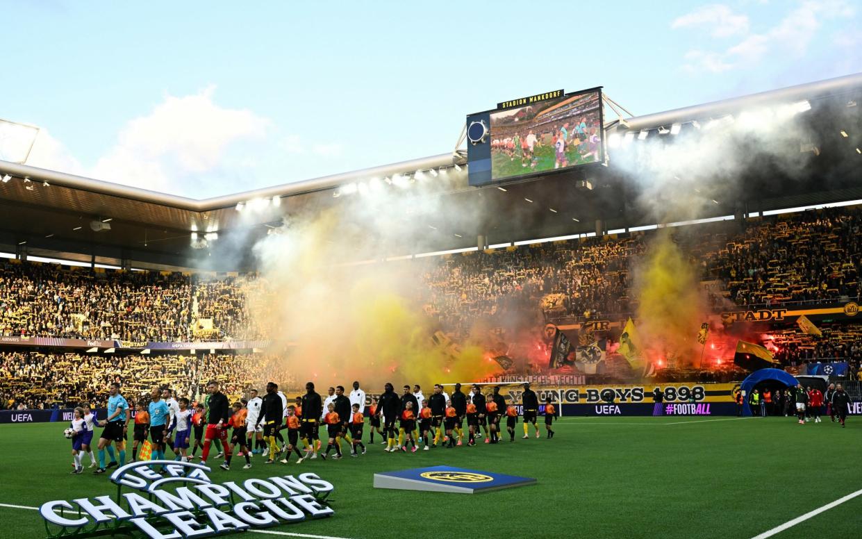 Players arrive on the pitch ahead of the UEFA Champions League 1st round day 1 football match between Young Boys and Aston Villa