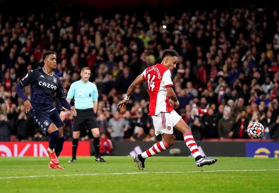 Pierre-Emerick Aubameyang scores Arsenal’s second goal after seeing his initial penalty saved (Zac Goodwin/PA) (PA Wire)