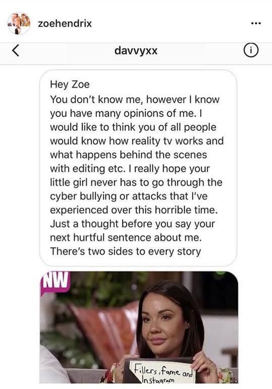 Davina reached out to Zoe via private message, after seeing a meme Zoe had shared. Source: Instagram/zoehendrix