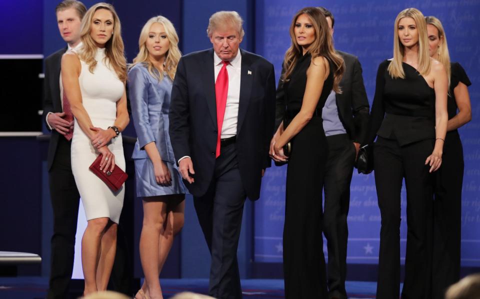 Trump with Eric Trump, Lara Yunaska, Vanessa Trump, Melania Trump, Jared Kushner, Ivanka Trump and Vanessa Trump in 2016