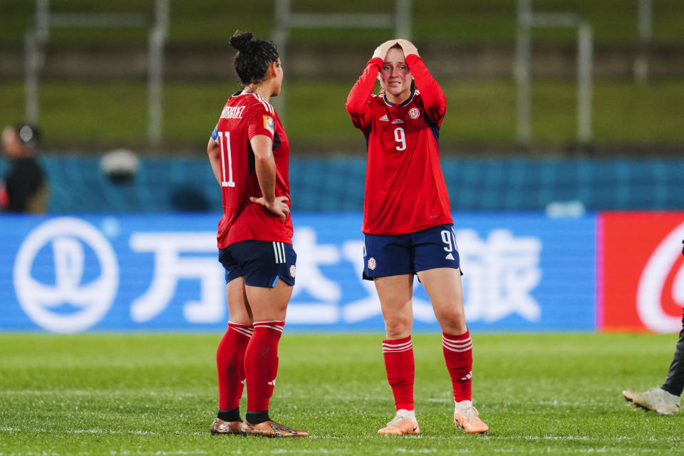 Costa Rica's Maria Paula Salas, right, reacts with teammate Costa Rica's Raquel Rodriguez following the Women's World Cup Group C soccer match between Costa Rica and Zambia in Hamilton, New Zealand, Monday, July 31, 2023. (AP Photo/Abbie Parr)