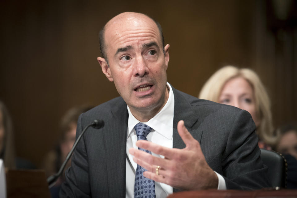 Secretary of Labor nominee Eugene Scalia speaks during his nomination hearing on Capitol Hill, in Washington, Thursday, Sept. 19, 2019. (AP Photo/Cliff Owen)