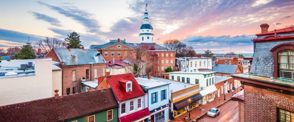 View of downtown Annapolis, Maryland, USA, across Main Street with the State House.