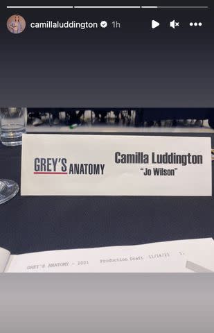 <p>Camilla Luddington/Instagram</p> Camilla Luddington's name card at "Grey's Anatomy" season 20 premiere table read.