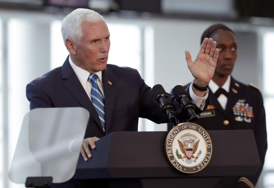 Vice President Mike Pence speaks following a tour on the USNS Comfort, Tuesday, June 18, 2019, in Miami. The hospital ship is scheduled to embark on a five-month medical assistance mission to Latin America and the Caribbean, including several countries struggling to absorb migrants from crisis-wracked Venezuela. (AP Photo/Lynne Sladky)