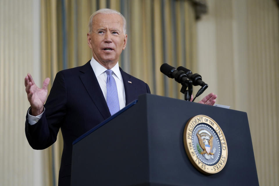 President Joe Biden speaks about the COVID-19 response and vaccinations in the State Dining Room of the White House, Friday, Sept. 24, 2021, in Washington. (AP Photo/Patrick Semansky)