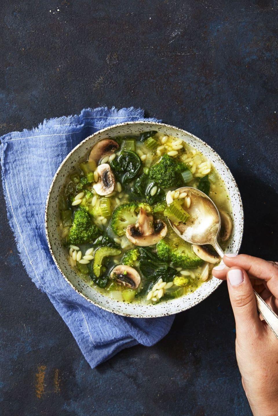 soup with mushroom, broccoli, orzo and other greens