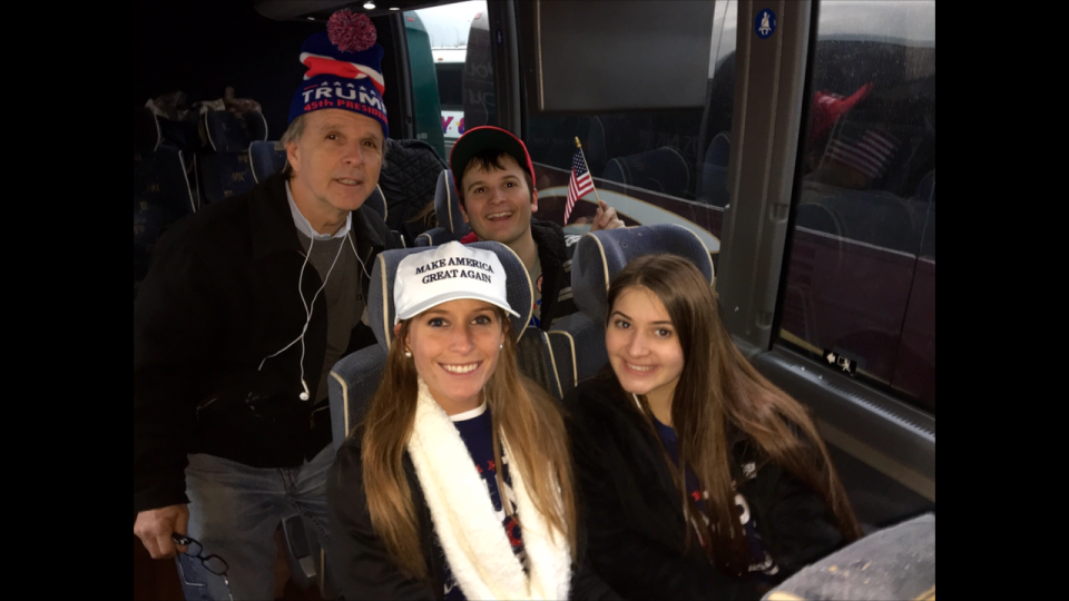 Amanda Rose, (bottom left), with her father John Rose, (top left) and her brother, Joe Rose (top right), and sister Alexandra Rose (bottom right) all on the bus getting ready to head back home to Long Island, NY after the inauguration. (Photo: Courtesy of Amanda Rose for Yahoo News)