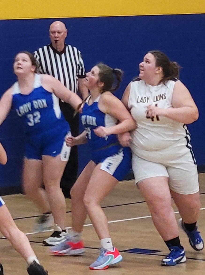 Lighthouse Christian's Abagail Rousey looks for an offensive rebound during a game against Shoals at Lighthouse on Tuesday, Dec. 19, 2023. Rousey scored her 1,000th career point in the game.