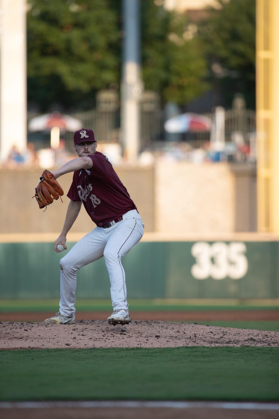 Detroit Tigers right-hander Mason Englert, selected in the 2022 Rule 5 draft, pitching for Double-A Frisco in the Texas Rangers' organization.