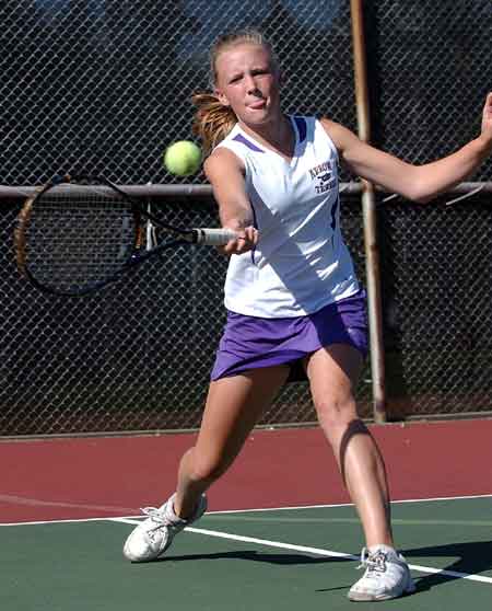 Watertown’s Morgan DeLange returns a shot against Sioux Falls Washington during a 2008 high school varsity tennis dual at Highland Park.